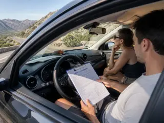 Driver reviewing a rental agreement inside a car parked at a mountain layby in Corsica, with a winding road and hills visible through the window.