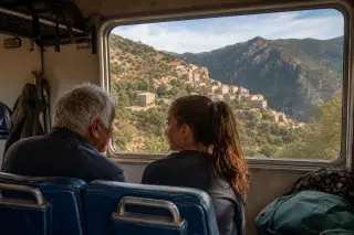 Inside an old Corsican train with two local passengers looking out the window at the mountainous landscape, sunlit carriage with worn blue seats, village hills in the background