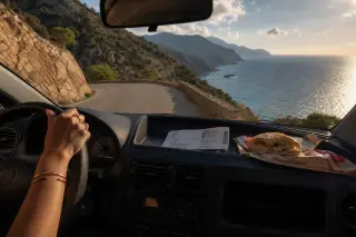 View from inside a car on a Corsican mountain road, solo woman driving, ferry ticket and sandwich on dashboard, sea and cliffs visible through windshield in gentle late afternoon light.