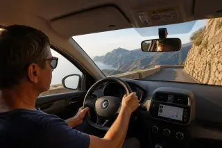Driver navigating a narrow mountain road in Corsica, seen from inside a car, with rugged landscape and stone wall visible through the window, in warm golden hour light.