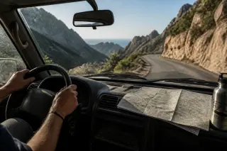 Driver’s hands on a steering wheel, map and water bottle on the dashboard, winding Corsican mountain road visible outside in soft morning light.